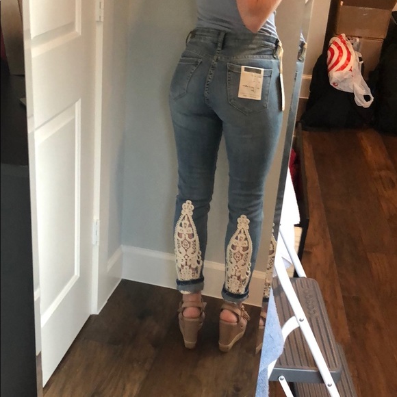 Saks Fifth Avenue Denim - Saks Fifth Avenue Skinny Jeans with Lace Inserts